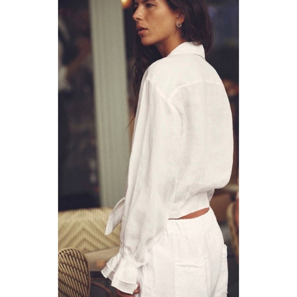 Zara White Ramie Tie Front Crop Blouse Ruffle Cuff Long Sleeve L Boho Feminine - Picture 4 of 13